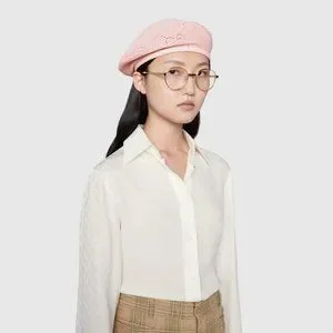 Gucci Beret Crochet Perforated Hat Pink Size Medium Gucci GG cotton crochet beret Gucci main image 4